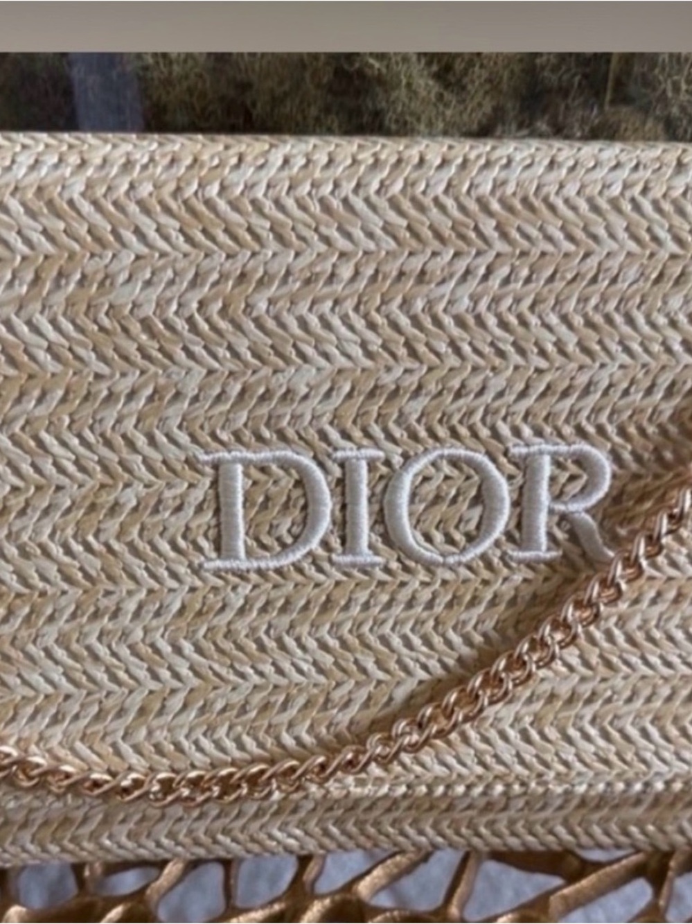 Dior Cream Straw Shoulder Bag with Gold Chain